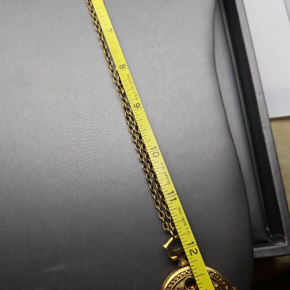 VTG Mary Chess Perfume Locket Necklace 23" Gold Tone Ornate Rhinestones 1960s - Picture 11 of 12